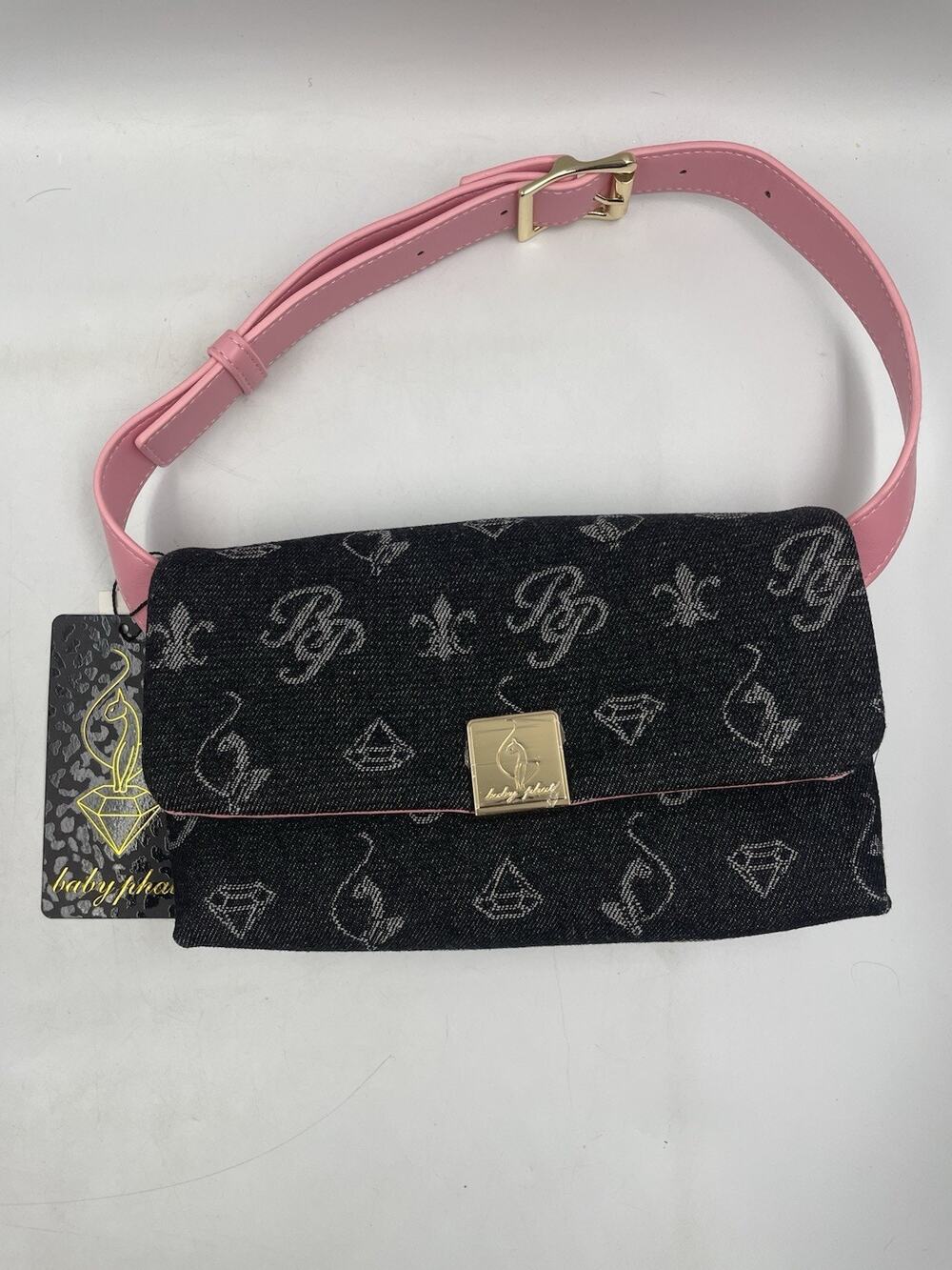 Baby Phat Black Denim & Pink Monogram Print Flap Shoulder Bag NWT